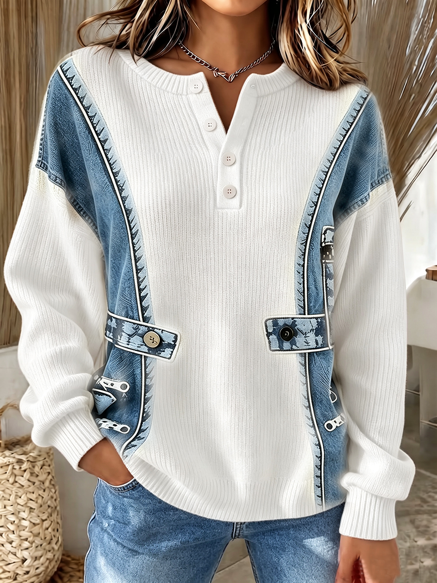 Sweter Damski Henley Patchwork Luźny Krój