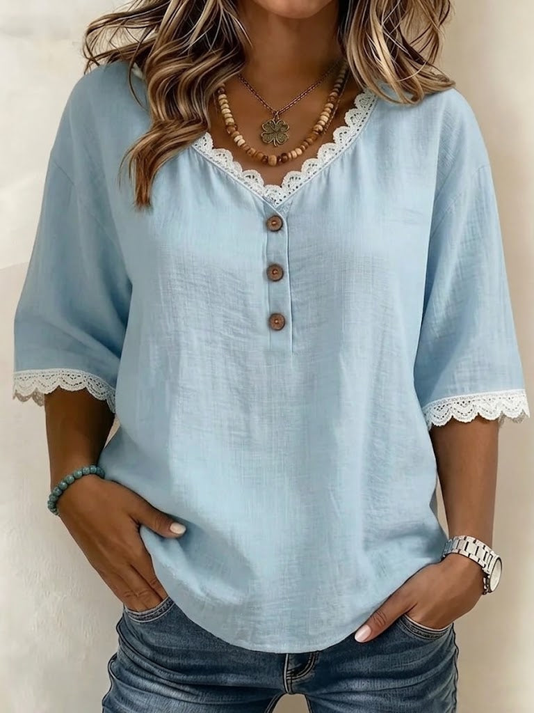 Damska Bluzka V-Neck Guziki Koronka
