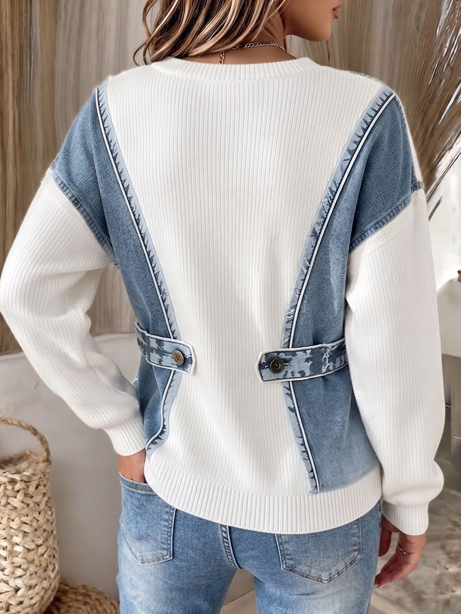 Sweter Damski Henley Patchwork Luźny Krój