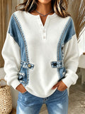 Sweter Damski Henley Patchwork Luźny Krój