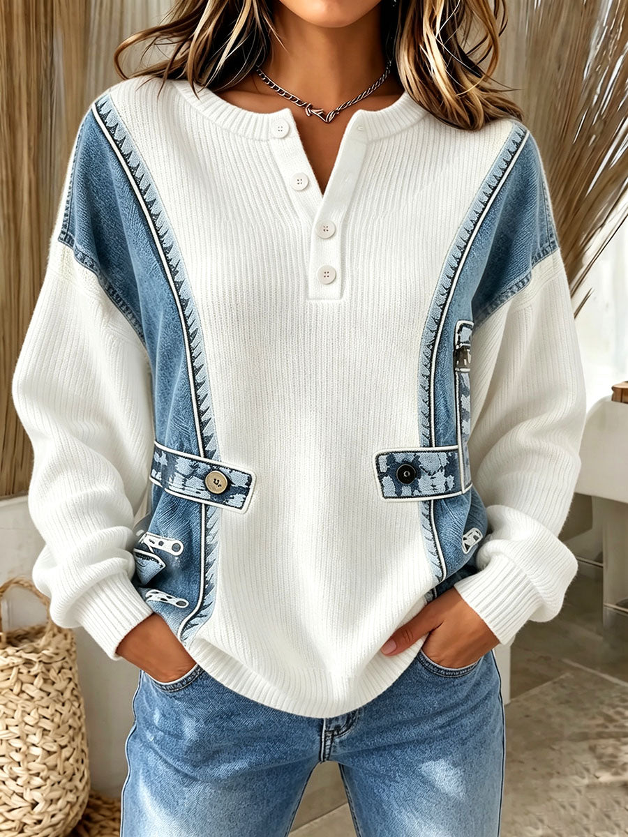 Sweter Damski Henley Patchwork Luźny Krój