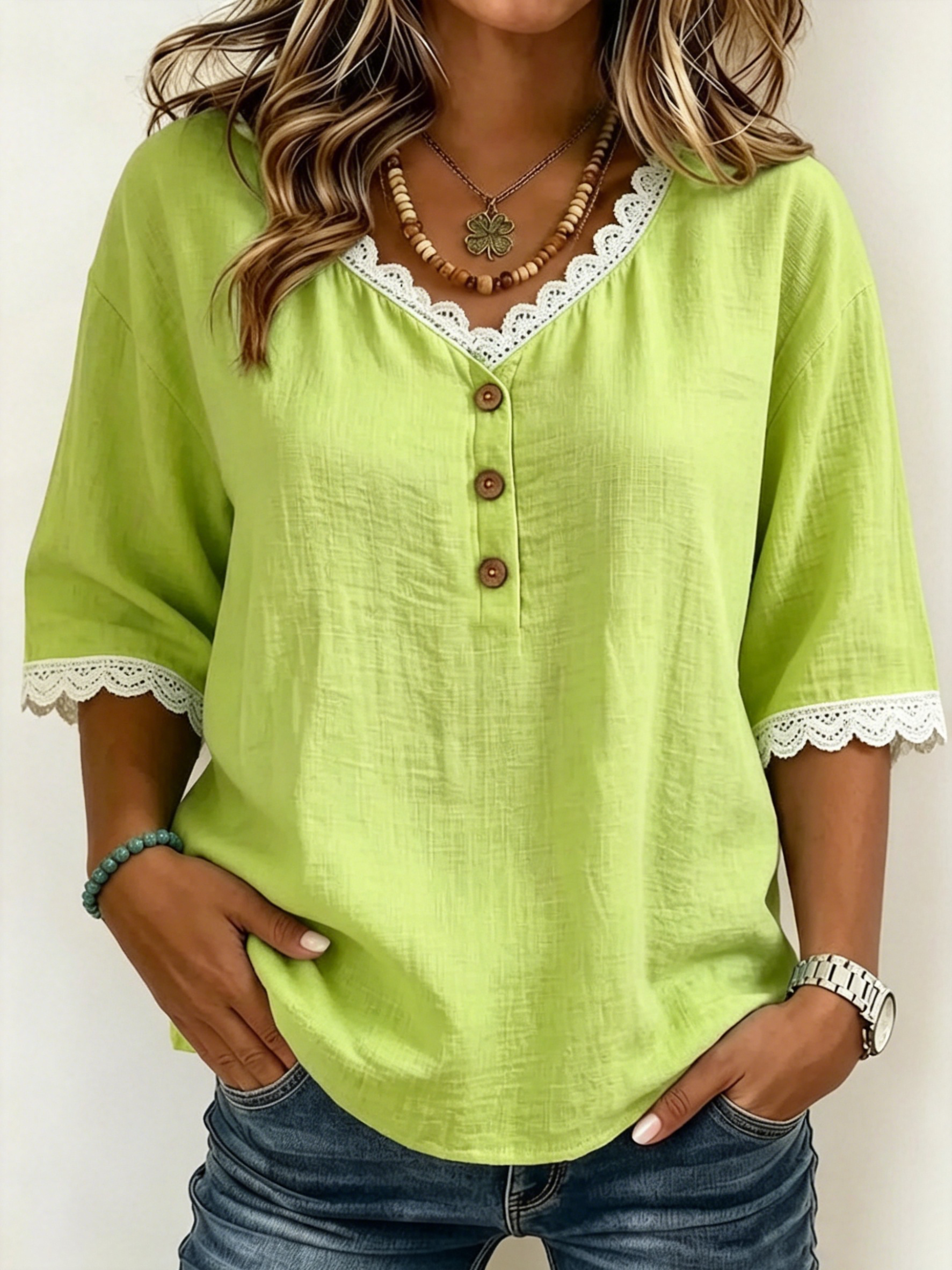 Damska Bluzka V-Neck Guziki Koronka