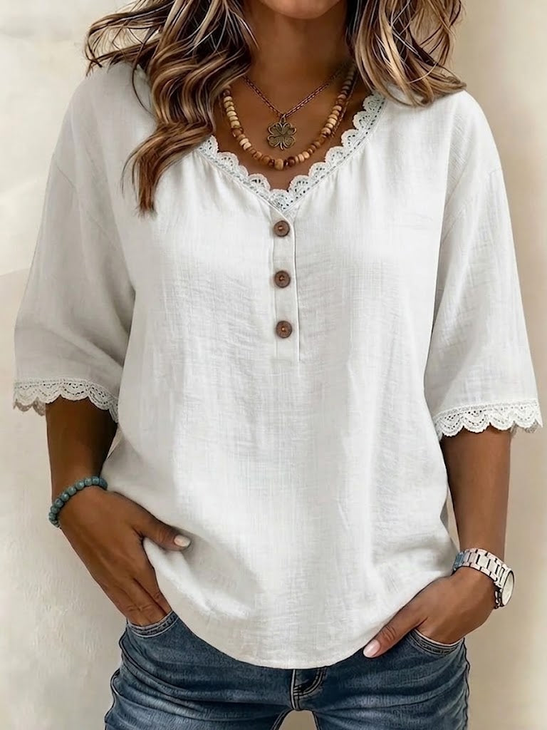 Damska Bluzka V-Neck Guziki Koronka