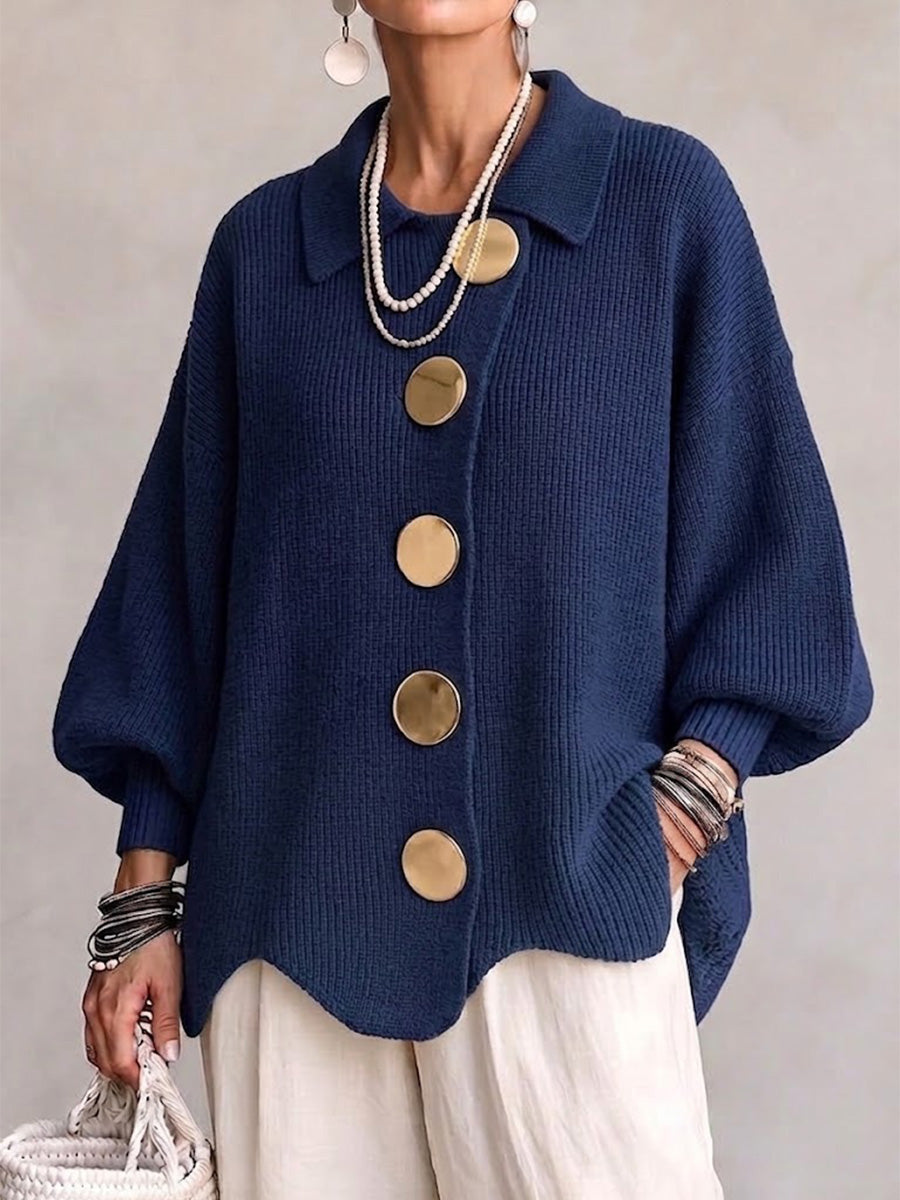 Damski Elegancki Sweter Rozpinany z Dużymi Guzikami i Bufkami