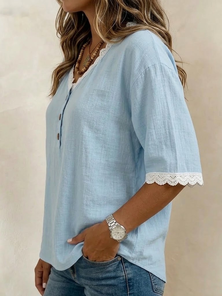Damska Bluzka V-Neck Guziki Koronka