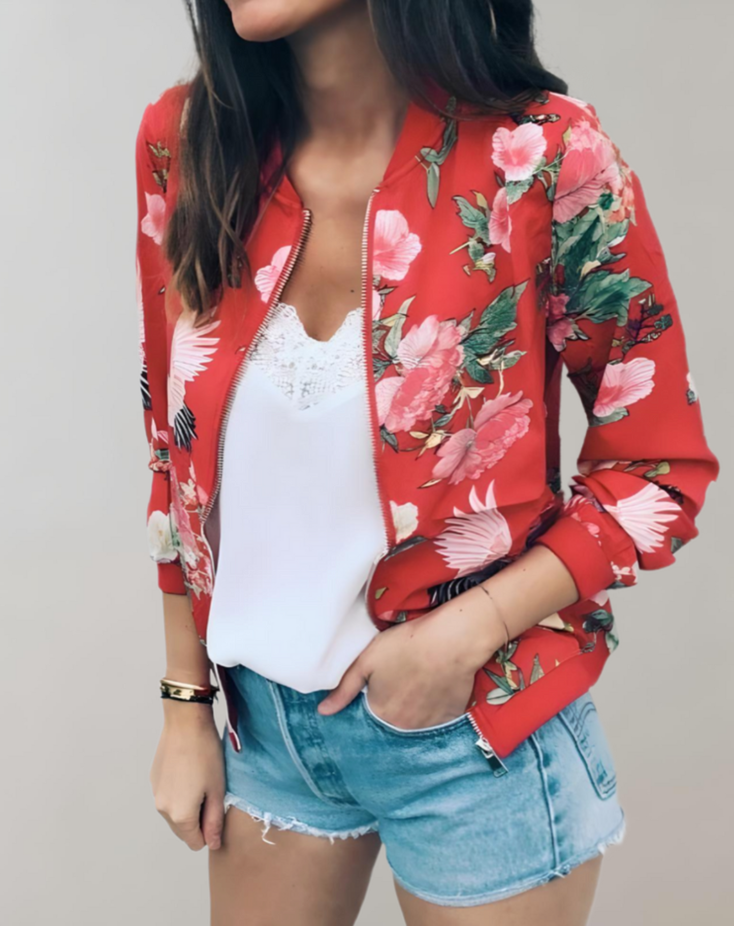 Chaqueta de mujer de manga corta con estampado floral
