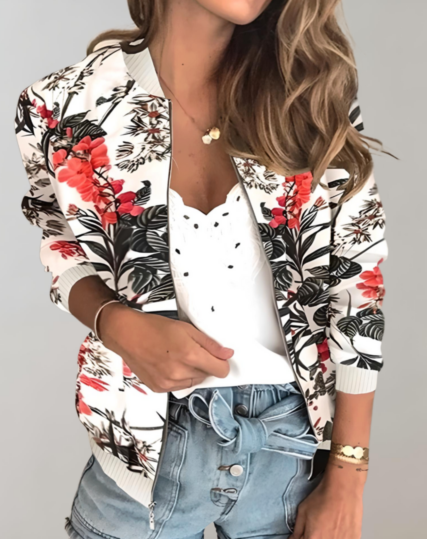 Chaqueta de mujer de manga corta con estampado floral
