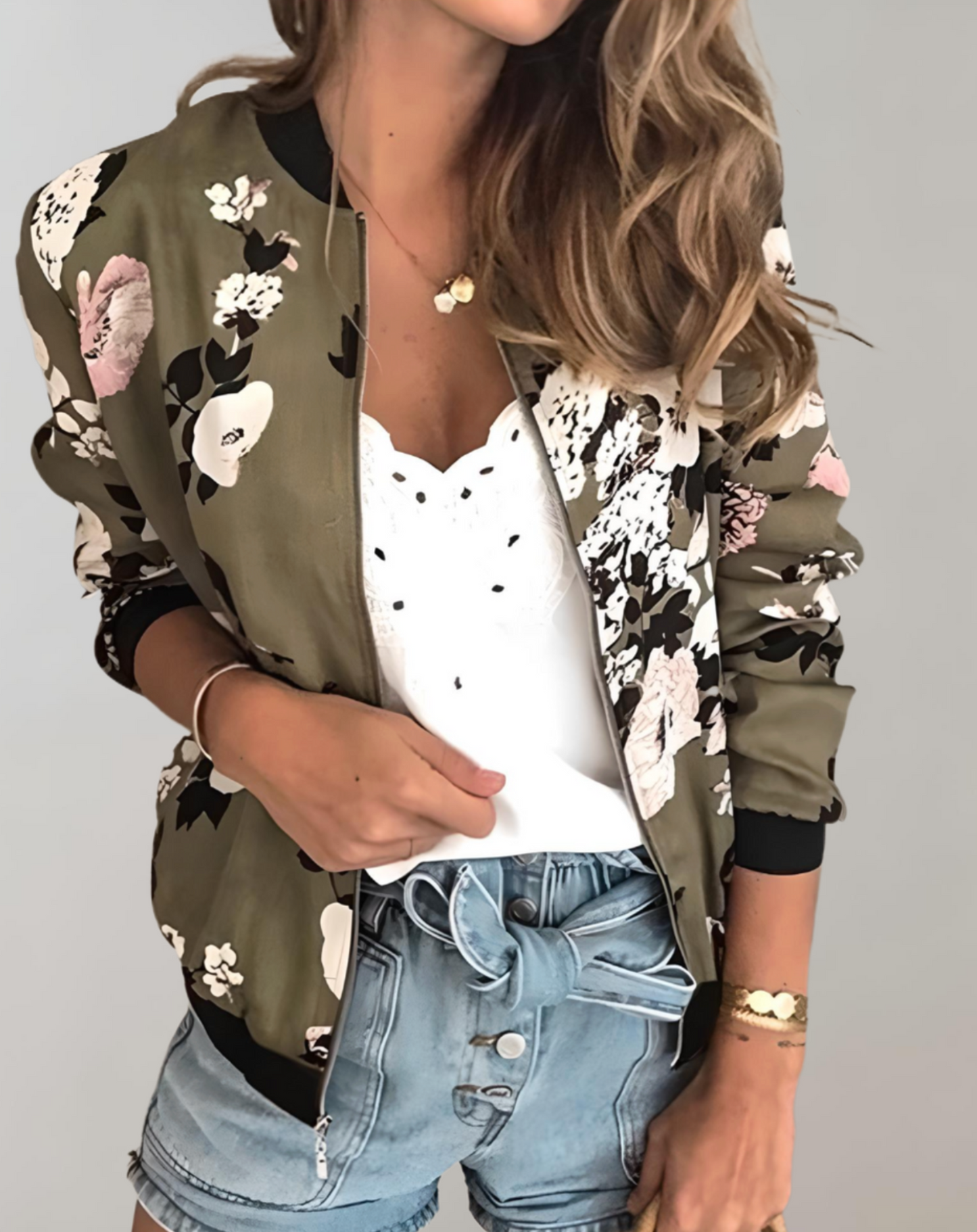 Chaqueta de mujer de manga corta con estampado floral