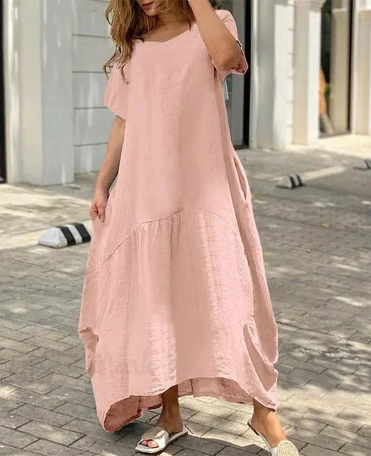 maxi vestido acampanado de mujer con cuello en V y mangas cortas
