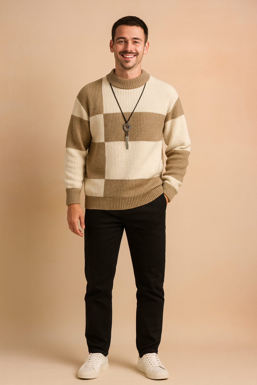 Męski Sweter z Golfem w Kratę