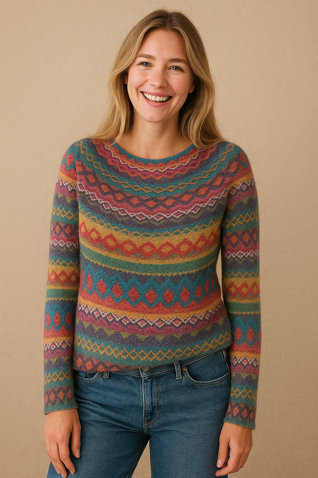 Damski Sweter Fair Isle Okrągły Dekolt