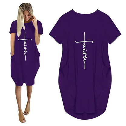 Vestidos Faith | 3D Letter Print Vestido de fiesta suelto con bolsillos