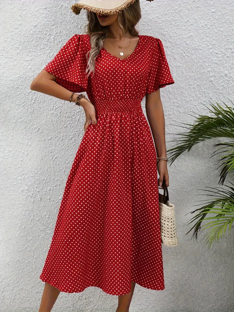 Vestido con estampado all-over y cintura redondeada, vestido casual con manga corta