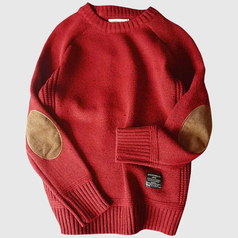 Męski sweter okrągły dekolt łatki na łokcie
