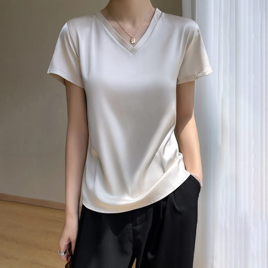 Blusa con cuello en V - Mangas cortas y aspecto satinado liso
