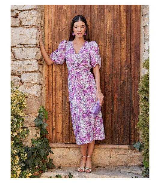 Vestido midi con mangas abullonadas y elegante estampado floral