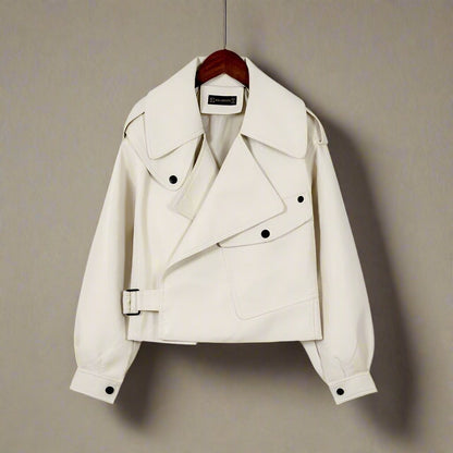 Elegante chaqueta de cuero abotonada de gran tamaño para mujer | Perfecta para temporadas de transición