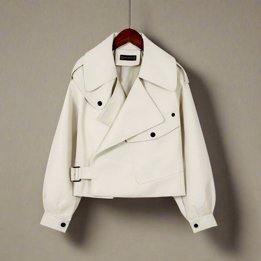 Elegante chaqueta de cuero abotonada de gran tamaño para mujer | Perfecta para temporadas de transición