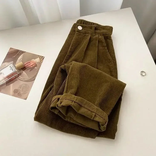 Pantalones retro de pana de cintura alta para mujer