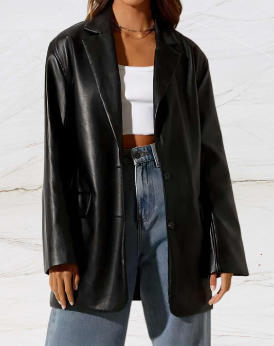 Chaqueta de cuero para mujer con cuello de muesca