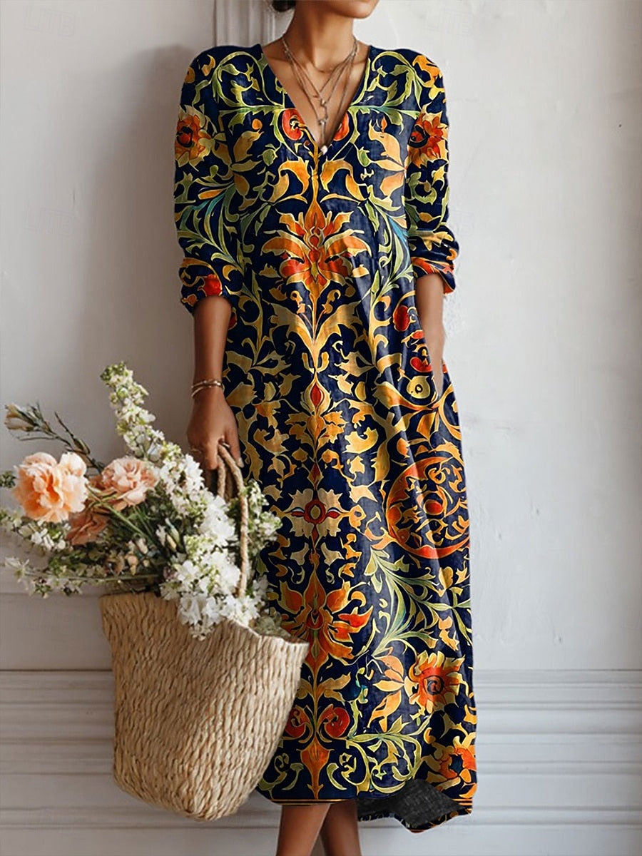 Damska Elegancka Sukienka Maxi W Kwiaty Luźny Krój