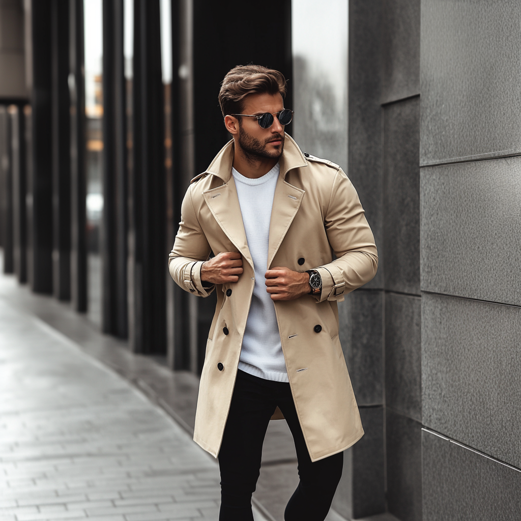 Męski Elegancki Trencz z Paskiem i Dwurzędowym Zapięciem