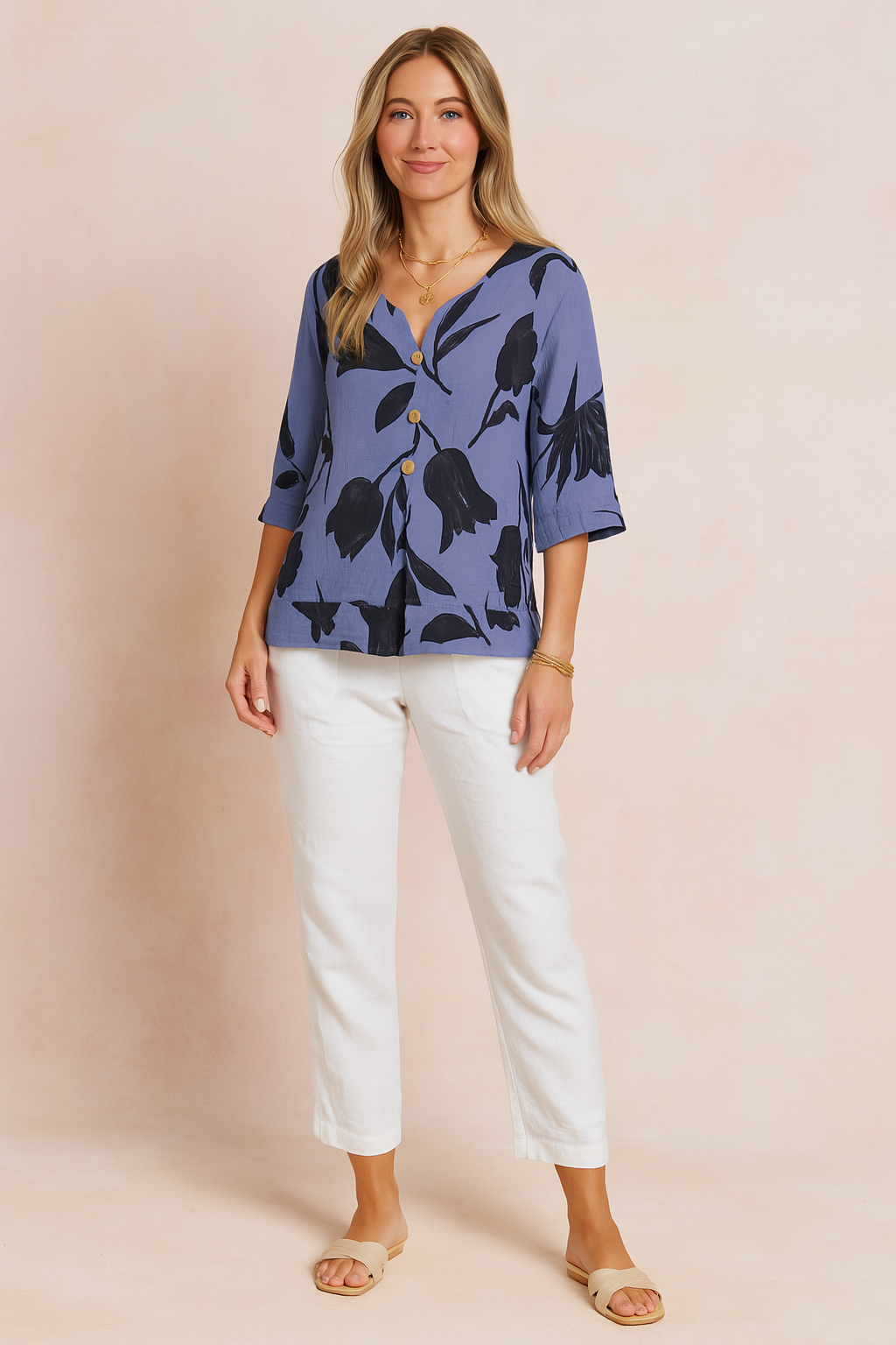 Damska Bluzka V-Neck Guziki