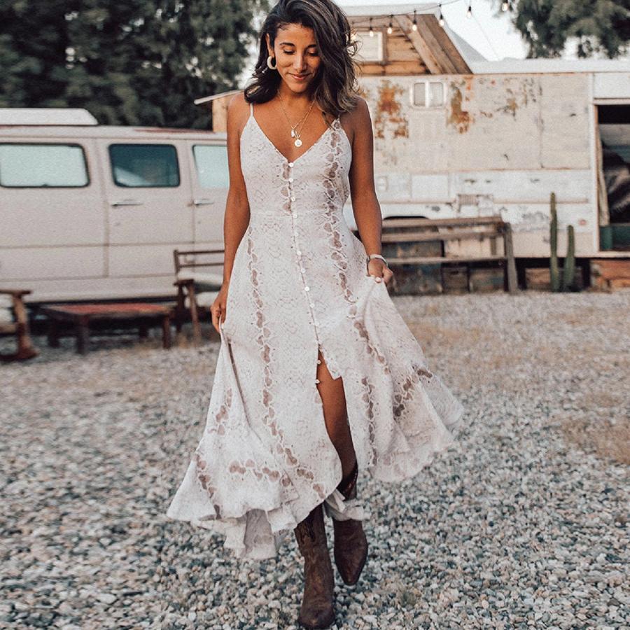 Vestido bohemio largo sin mangas con tirantes y volantes irregulares