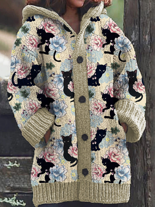 Elisa | Chaqueta de punto casual con capucha y estampado de flores de gato negro para mujer
