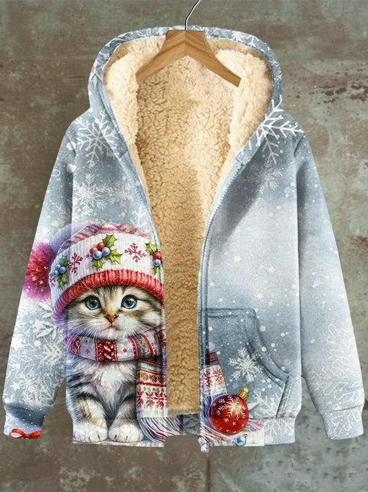 Elisa | Con copo de nieve Gato Patrón Sudadera con capucha y cremallera Chaqueta de lana