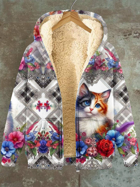 Elisa | Ladies Sudadera con capucha y bolsillo con estampado de flores de gato Chaqueta de forro polar con cremallera
