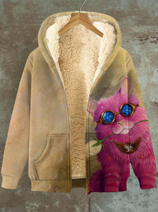 Heidi Moda | Gato Patrón Capucha Con Bolsillo Cremallera Sudadera Chaqueta Para Mujer