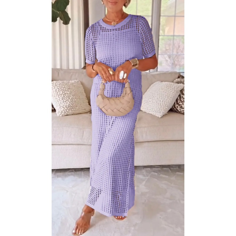 Conjunto de dos piezas con vestido largo sin tirantes y capa ligera con mangas cortas