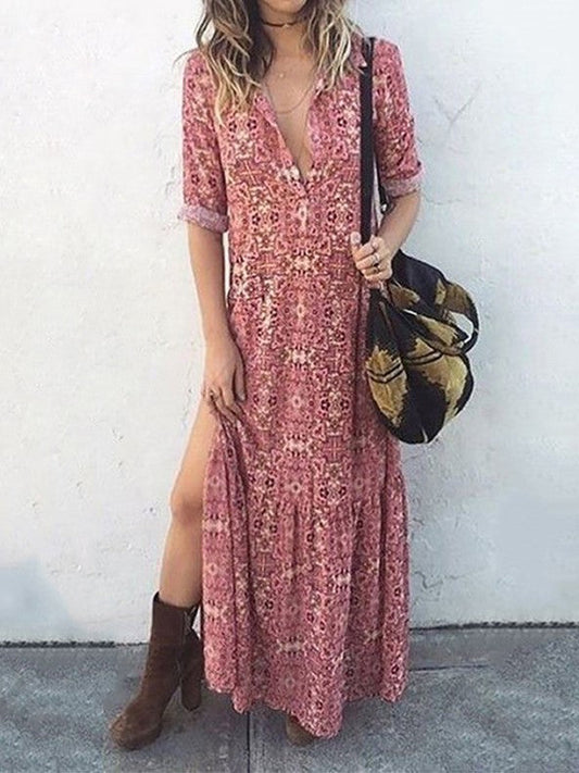 Vestido estampado de manga larga con abertura