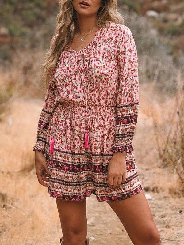 Vestido casual estampado con cuello en V y cuello alto