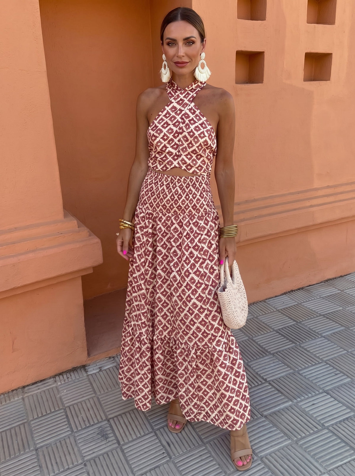 Damska geometryczna sukienka maxi halter