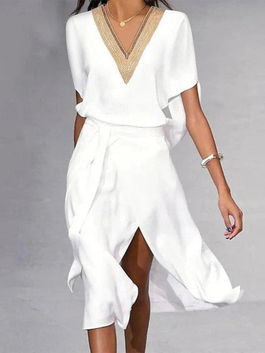 Vestido midi de mujer con cuello en V y mangas anchas