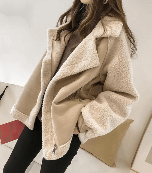 Chaqueta de invierno chic, acogedora y elegante de imitación de piel de cordero para mujer