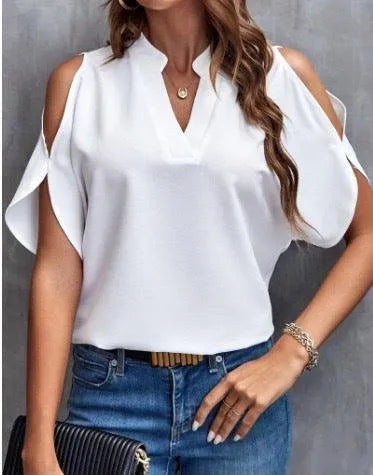 Top de mujer | Elegante | Hombros descubiertos, cuello en V, tejido ligero | Perfecto para salidas veraniegas