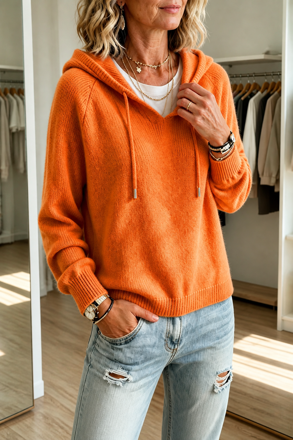 Damski Sweter w Serek Pulower Kapturowy ze Sznurkiem
