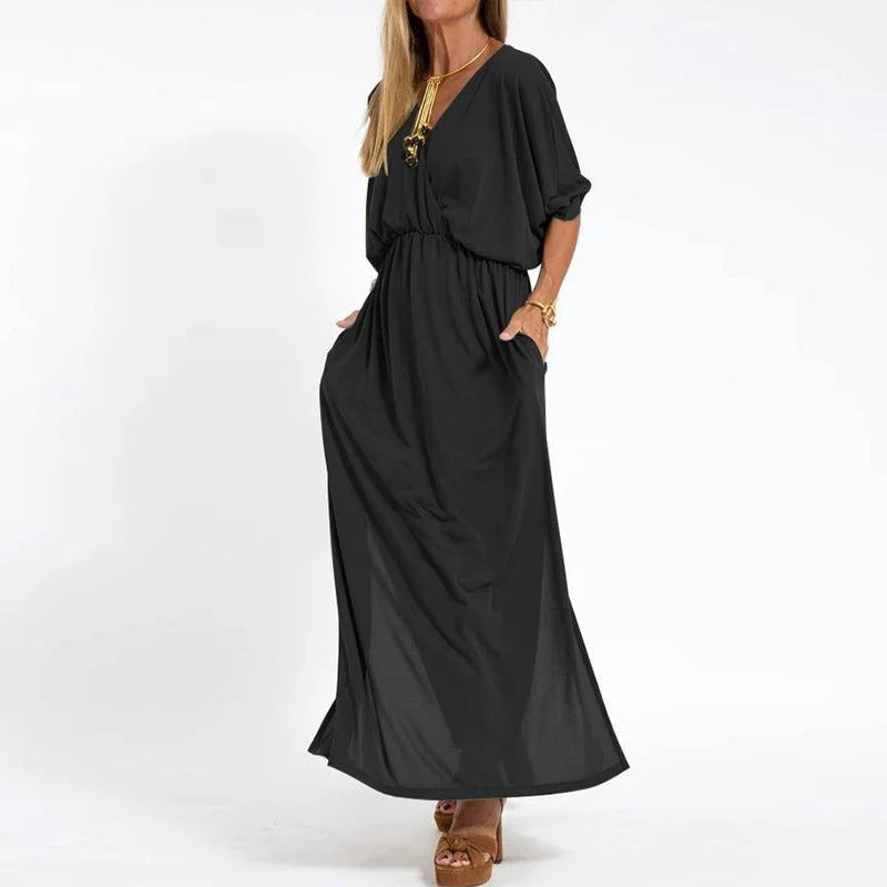 Vestido largo cuello pico