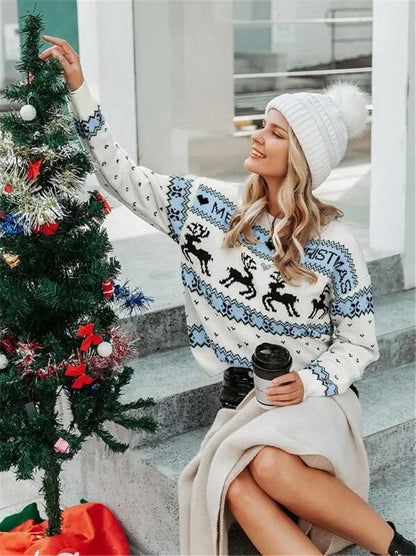 Celeste | Elegante jersey navideño de mujer con estampado de renos