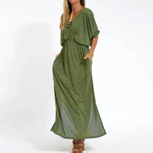 Vestido largo cuello pico
