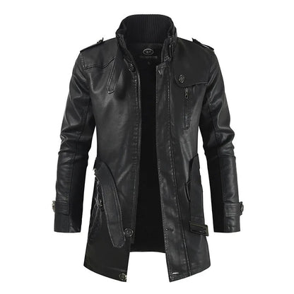 Cómoda chaqueta larga de cuero vegano con bolsillos para hombre | Para llevar a diario