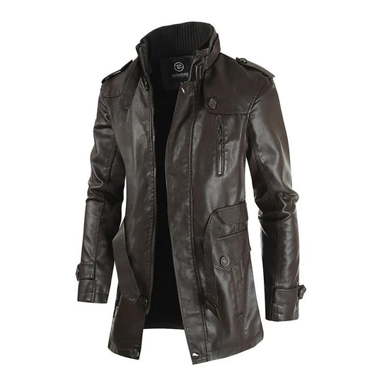 Cómoda chaqueta larga de cuero vegano con bolsillos para hombre | Para llevar a diario