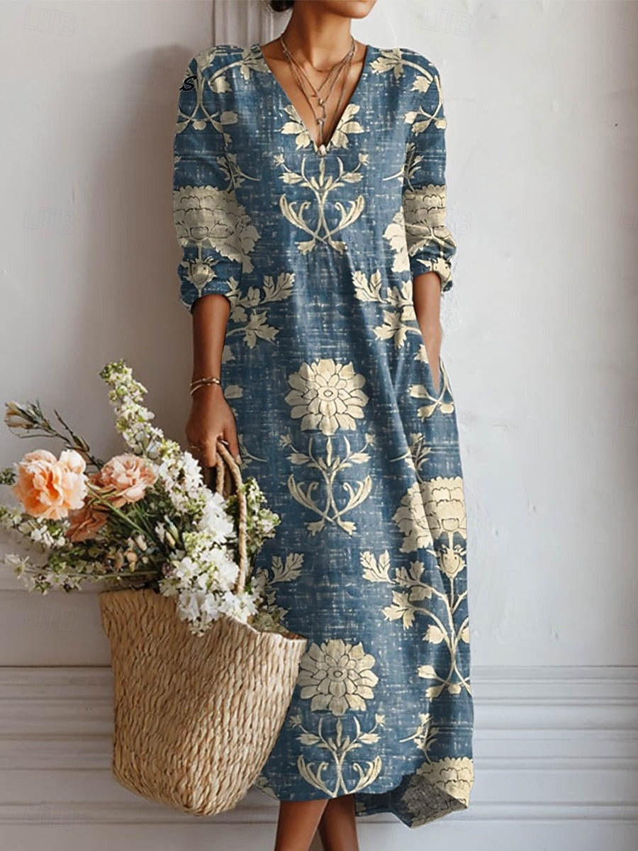 Damska Elegancka Sukienka Maxi W Kwiaty Luźny Krój