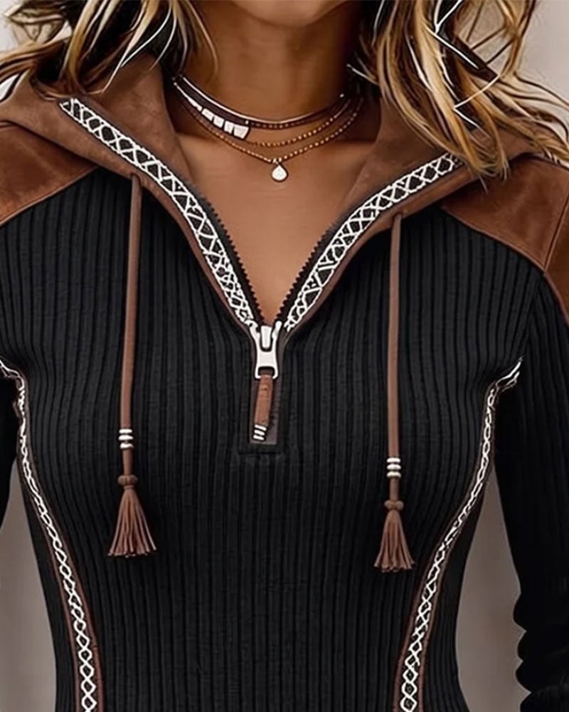 Damski Sweter z Kapturem i Zamkiem w Stylu Western