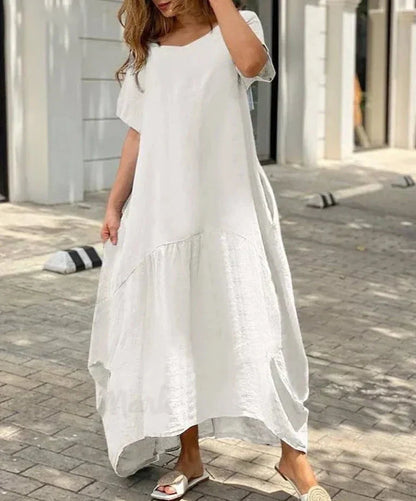 maxi vestido acampanado de mujer con cuello en V y mangas cortas