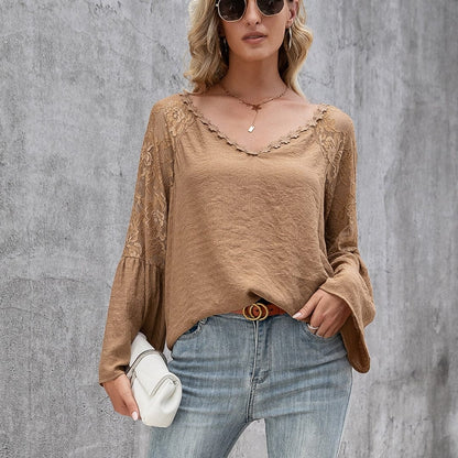 Celeste Blusa de Encaje y Manga Larga
