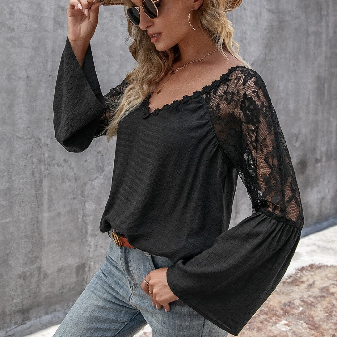 Celeste Blusa de Encaje y Manga Larga